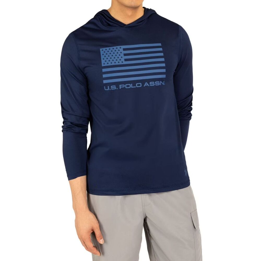U.S. Polo Assn. Men’s Blue American Flag Long Sleeve Hooded Shirt | Size XL